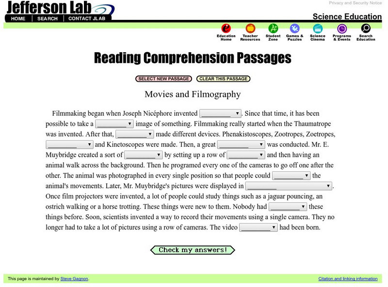 Jefferson Lab: Reading Passages: Movies and Filmography Unknown Type Jefferson Lab: Reading Passages: Movies and Filmography Unknown Type