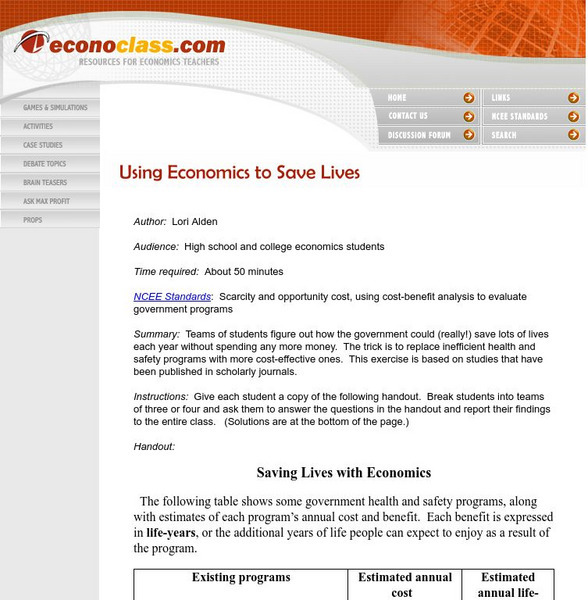 Econoclass: Using Economics to Save Lives Lesson Plan Econoclass: Using Economics to Save Lives Lesson Plan