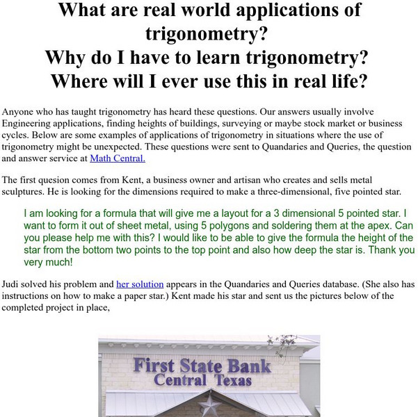 University of Regina: Math Central: Real World Applications of Trigonometry Activity University of Regina: Math Central: Real World Applications of Trigonometry Activity