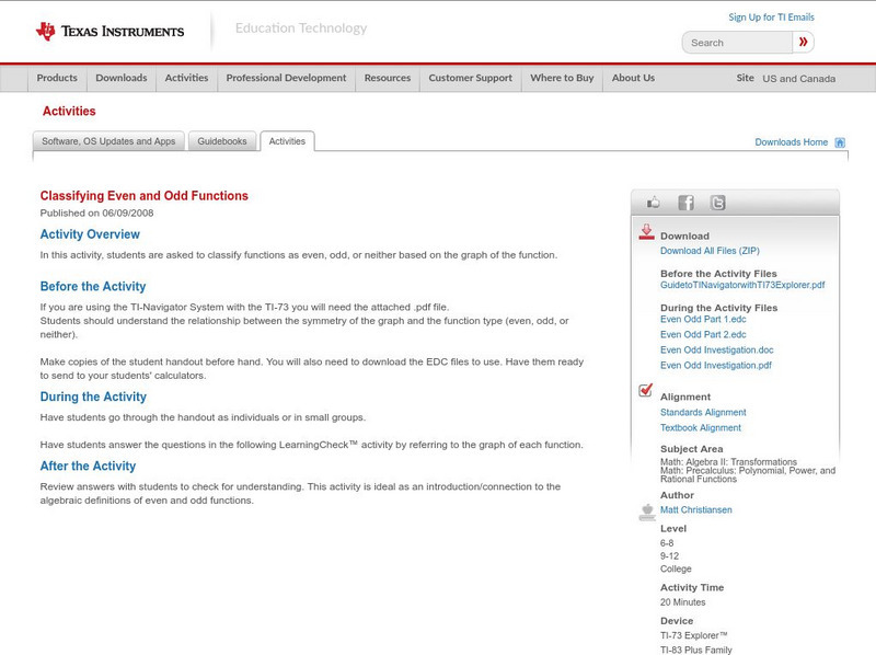 Texas Instruments: Classifying Even and Odd Functions (Part 1) Activity Texas Instruments: Classifying Even and Odd Functions (Part 1) Activity