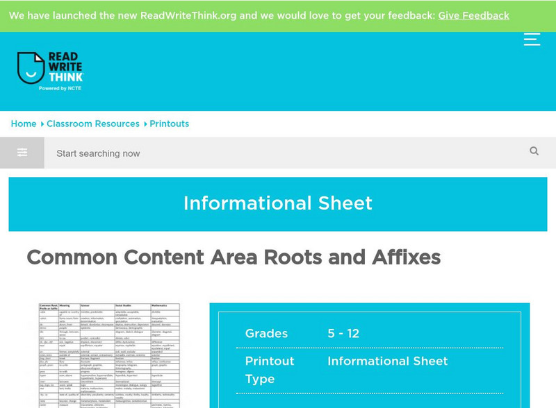 Read Write Think: Common Content Area Roots and Affixes Graphic Read Write Think: Common Content Area Roots and Affixes Graphic