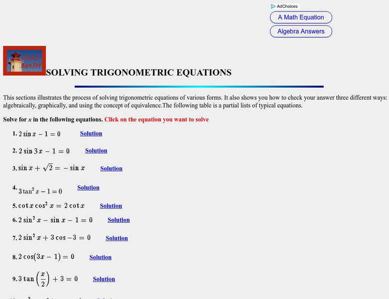 S.o.s. Math: Solving Trigonometric Equations Activity S.o.s. Math: Solving Trigonometric Equations Activity