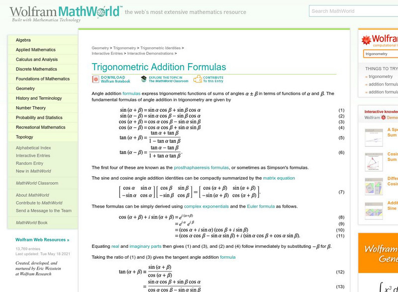 Wolfram Math World: Trigonometric Addition Formulas Handout Wolfram Math World: Trigonometric Addition Formulas Handout