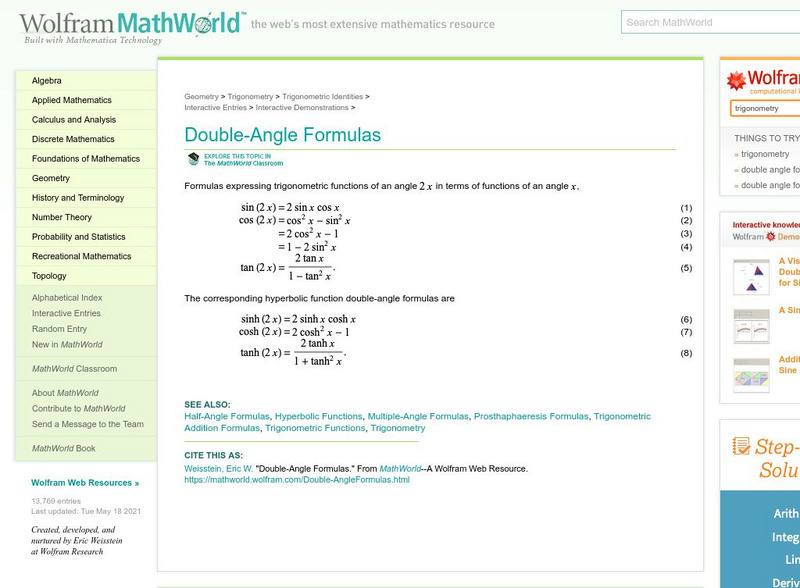 Wolfram Math World: Double Angle Formulas Activity Wolfram Math World: Double Angle Formulas Activity