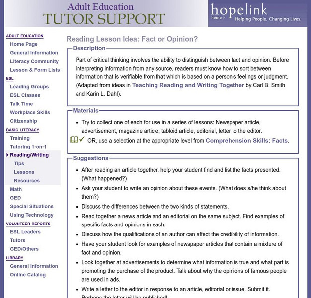 Hopelink: Reading Lesson Idea: Fact or Opinion? Lesson Plan Hopelink: Reading Lesson Idea: Fact or Opinion? Lesson Plan