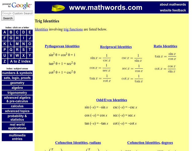 Math words.com: Trig Identities Activity Math words.com: Trig Identities Activity
