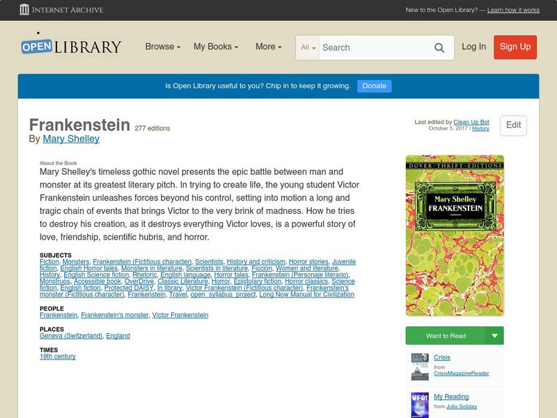 Open Library: Frankenstein eBook Open Library: Frankenstein eBook