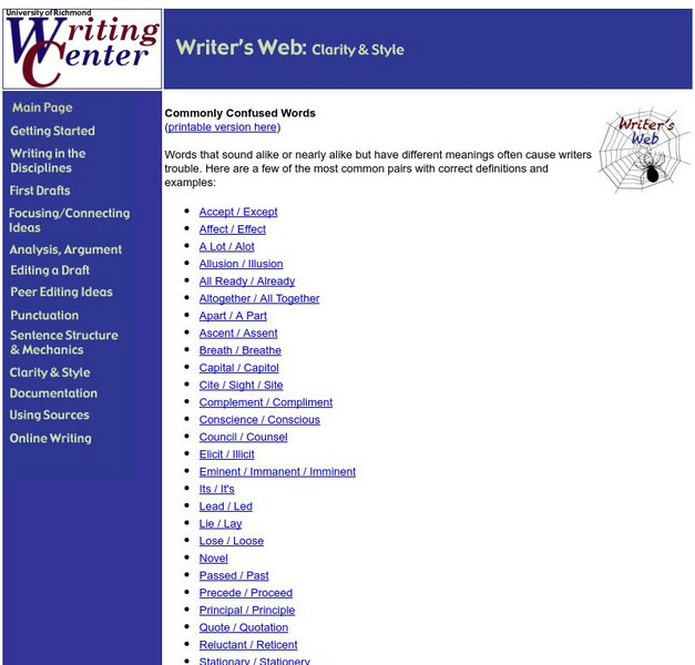 University of Richmond Writing Center: Commonly Confused Words Handout University of Richmond Writing Center: Commonly Confused Words Handout