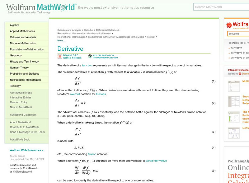 Wolfram Math World: Derivative of a Function Activity Wolfram Math World: Derivative of a Function Activity
