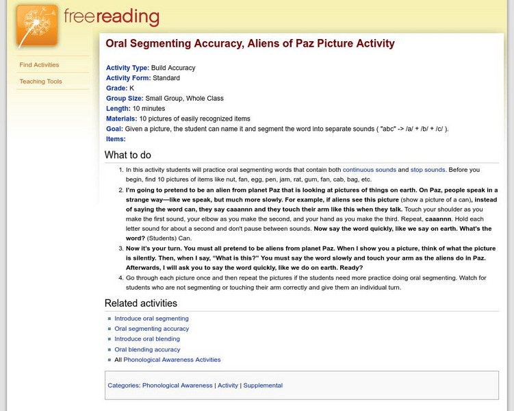 Free Reading: "Aliens of Paz" Picture Activity: Oral Segmenting Accuracy Unit Plan Free Reading: "Aliens of Paz" Picture Activity: Oral Segmenting Accuracy Unit Plan
