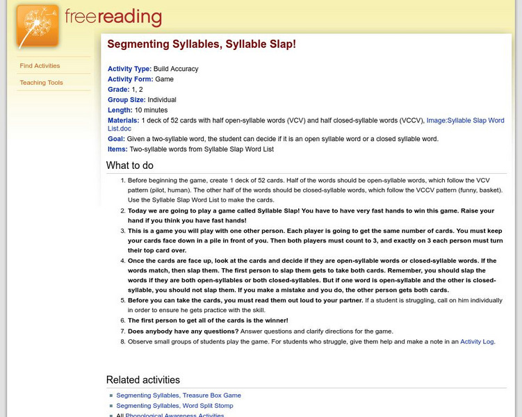 Free Reading: Syllable Slap! Segmenting Syllables Unit Plan Free Reading: Syllable Slap! Segmenting Syllables Unit Plan
