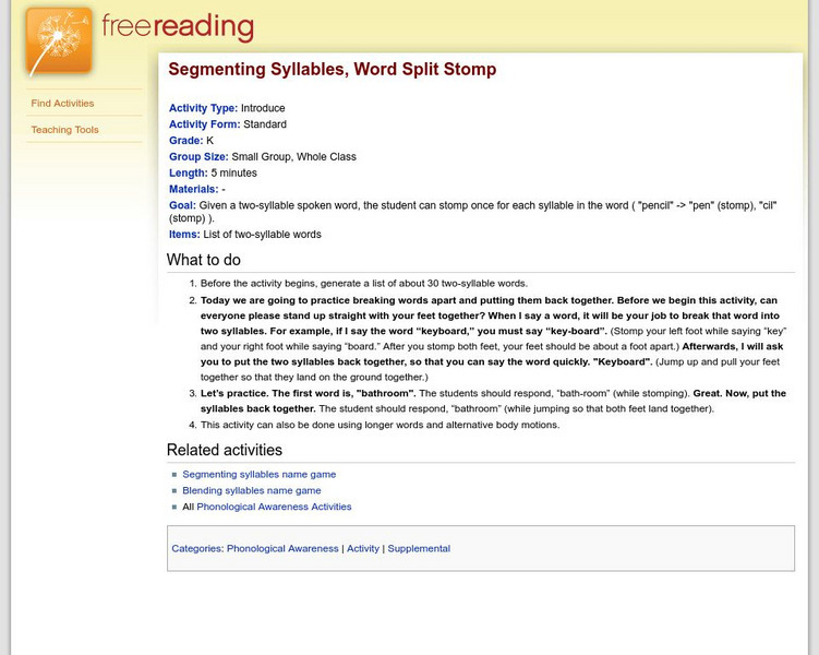 Free Reading: Word Split Stomp, Segmenting Syllables Activity Unit Plan Free Reading: Word Split Stomp, Segmenting Syllables Activity Unit Plan