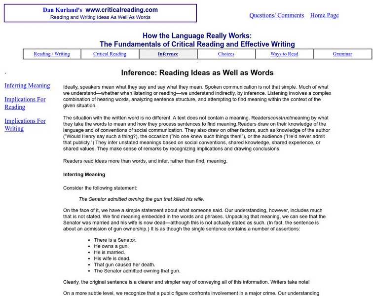 Daniel J. Kurland: Critical Reading: Inference: Reading Ideas as Well as Words Article Daniel J. Kurland: Critical Reading: Inference: Reading Ideas as Well as Words Article