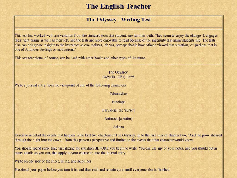 Teacher2b.com: The English Teacher: The Odyssey: Writing Test Unknown Type