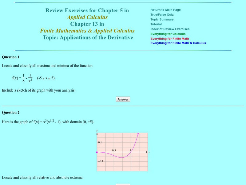 Finite Mathematics & Applied Calculus: Review Exercises: Applications of the Derivative Activity Finite Mathematics & Applied Calculus: Review Exercises: Applications of the Derivative Activity