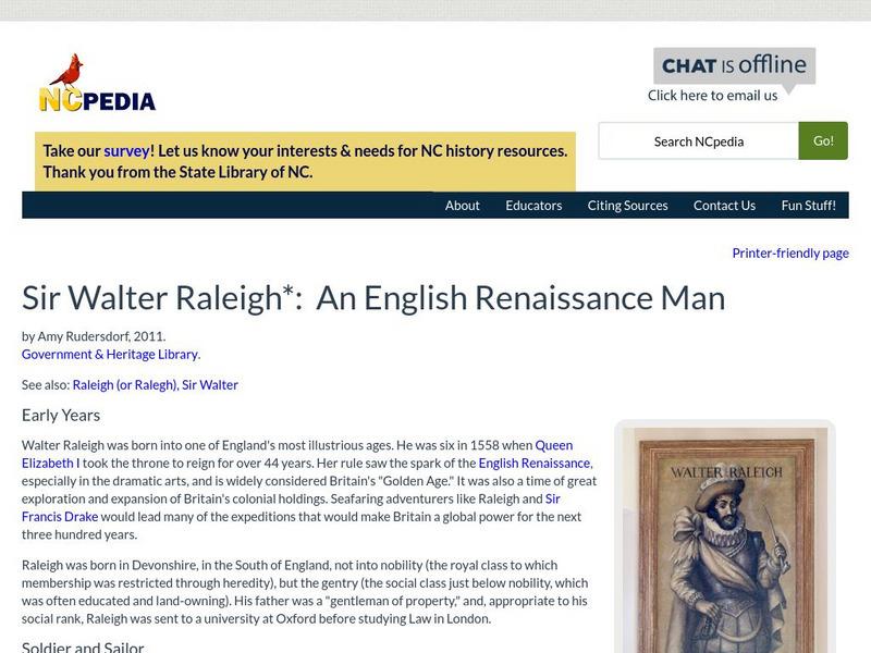 N Cpedia: Amy Rudersdorf: Sir Walter Raleigh: An English Renaissance Man Handout N Cpedia: Amy Rudersdorf: Sir Walter Raleigh: An English Renaissance Man Handout