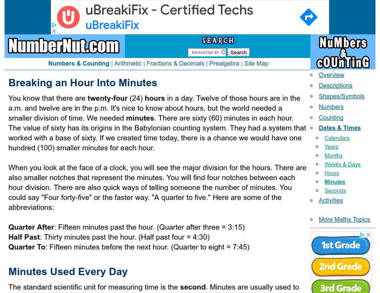 Number Nut: Breaking Up an Hour Into Minutes Activity Number Nut: Breaking Up an Hour Into Minutes Activity