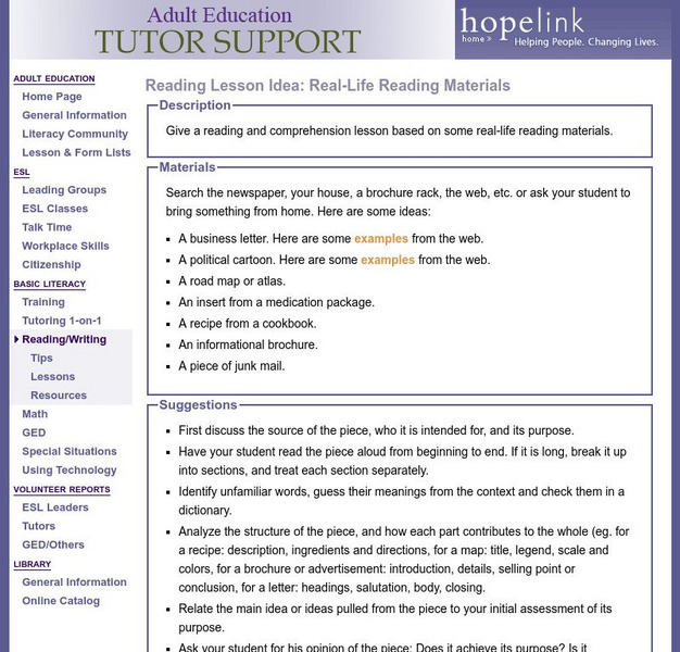 Hopelink: Reading Lesson Idea: Real Life Reading Materials Lesson Plan Hopelink: Reading Lesson Idea: Real Life Reading Materials Lesson Plan