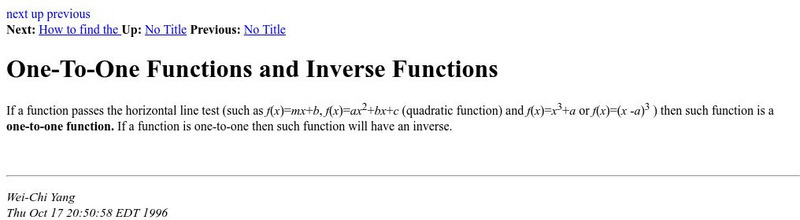 Radford Univ.: One to One Functions and Inverse Functions Handout Radford Univ.: One to One Functions and Inverse Functions Handout