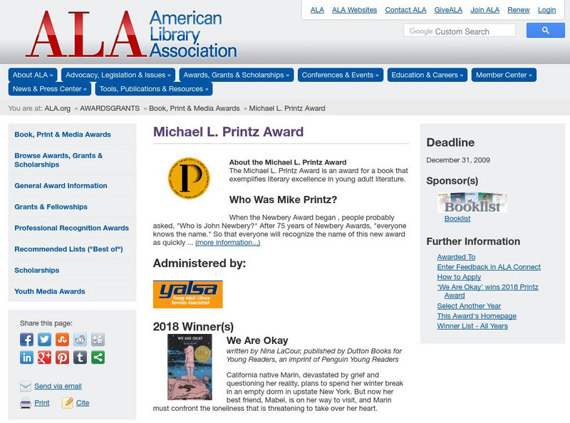 Ala: Michael L. Printz Award Winners Handout