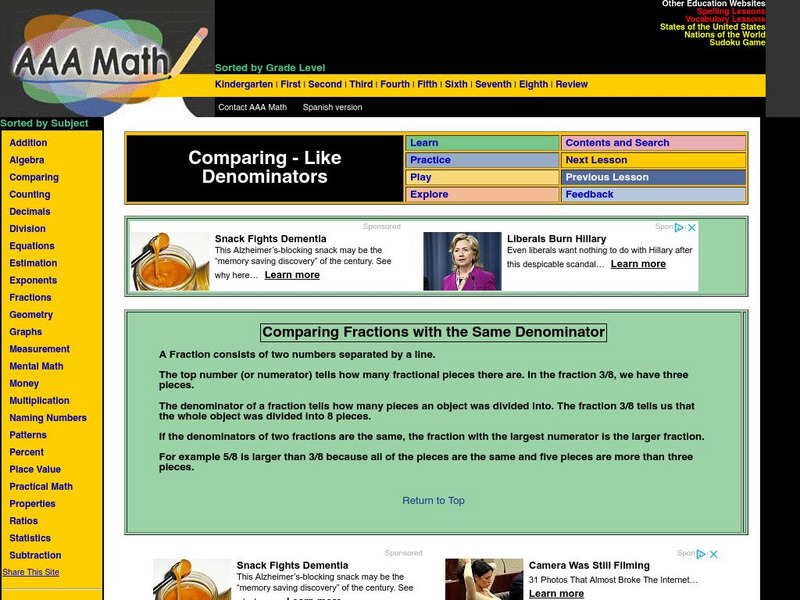 Aaa Math: Comparing Fractions Like Denominators Unit Plan Aaa Math: Comparing Fractions Like Denominators Unit Plan