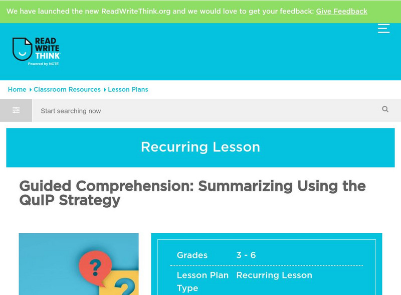 Read Write Think: Guided Comprehension: Summarizing Lesson Plan