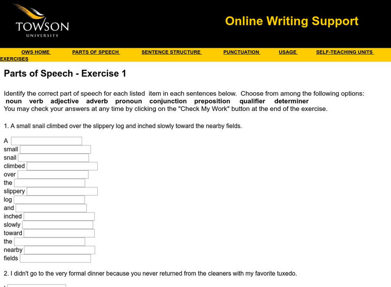 Towson University: Online Writing Support: Parts of Speech Exercise 1 Unknown Type