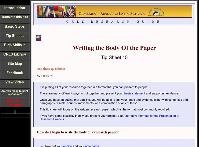 Cambridge Rindge & Latin School: Writing the Body of a Research Paper Handout Cambridge Rindge & Latin School: Writing the Body of a Research Paper Handout