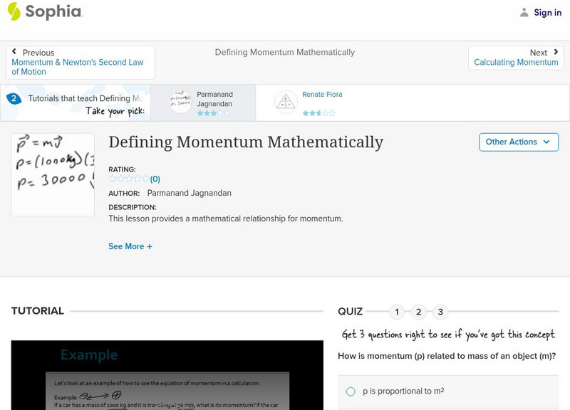 Sophia: Defining Momentum Mathematically: Lesson 1 Instructional Video