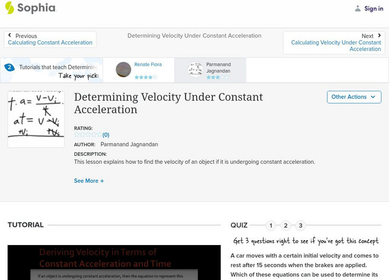 Sophia: Determining Velocity Under Constant Acceleration: Lesson 1 Instructional Video