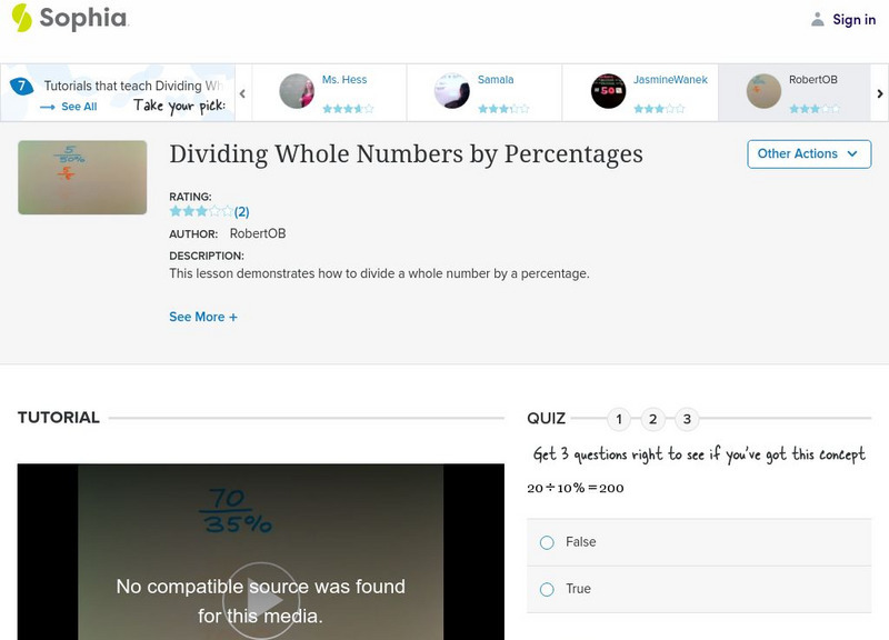 Sophia: Dividing Whole Numbers by Percentages: Lesson 10 Instructional Video Sophia: Dividing Whole Numbers by Percentages: Lesson 10 Instructional Video