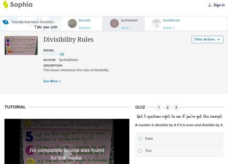 Sophia: Divisibility Rules: Lesson 7 Instructional Video Sophia: Divisibility Rules: Lesson 7 Instructional Video