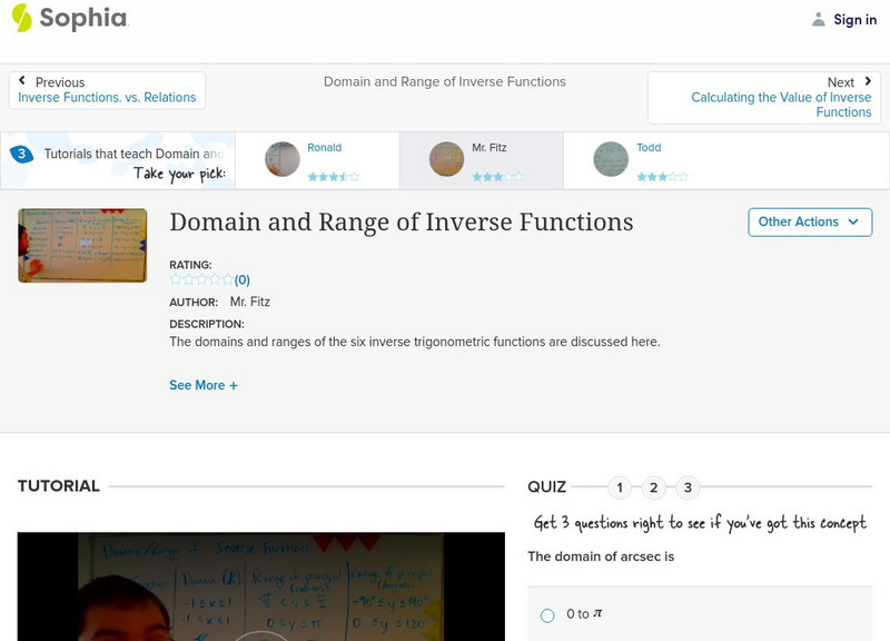 Sophia: Domain and Range of Inverse Functions: Lesson 2 Instructional Video