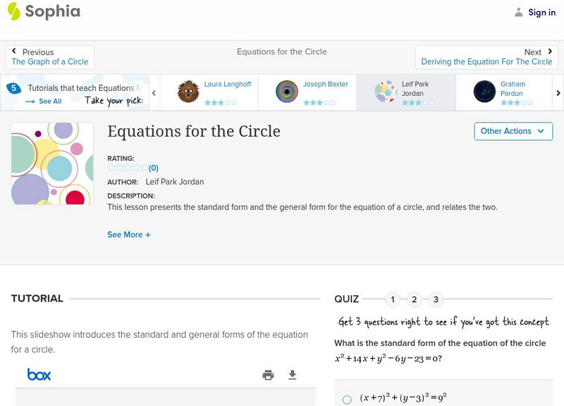 Sophia: Equations for the Circle: Lesson 3 PPT Sophia: Equations for the Circle: Lesson 3 PPT