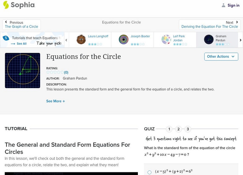 Sophia: Equations for the Circle: Lesson 4 Instructional Video Sophia: Equations for the Circle: Lesson 4 Instructional Video