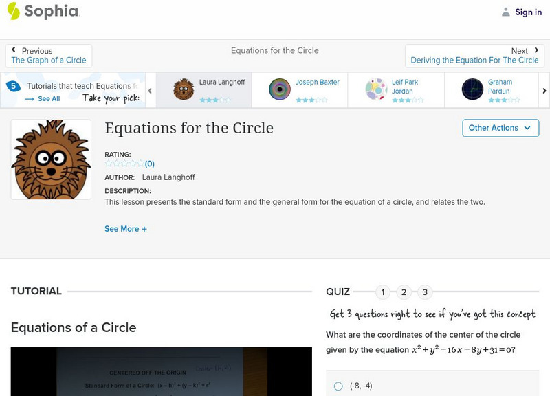 Sophia: Equations for the Circle: Lesson 1 Instructional Video Sophia: Equations for the Circle: Lesson 1 Instructional Video