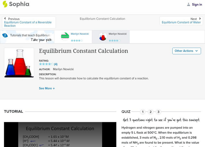 Sophia: Equilibrium Constant Calculation: Lesson 2 Instructional Video