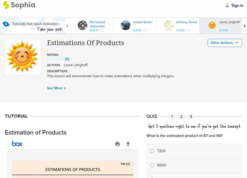 Sophia: Estimations of Products: Lesson 6 PPT Sophia: Estimations of Products: Lesson 6 PPT