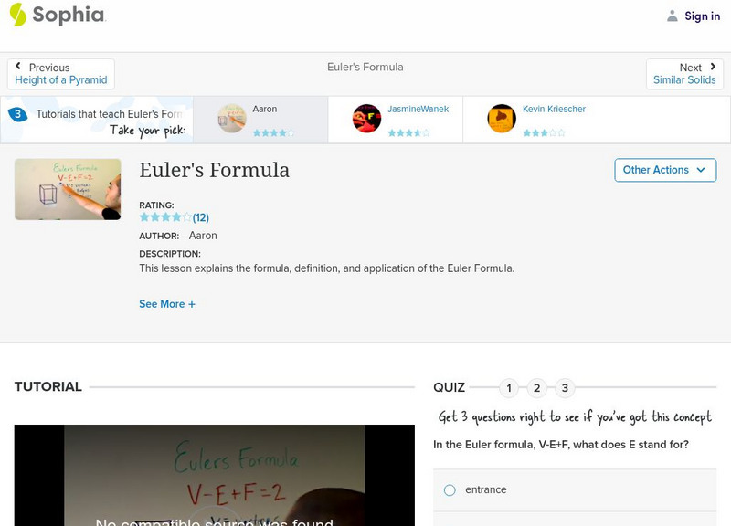 Sophia: Euler's Formula: Lesson 4 Instructional Video Sophia: Euler's Formula: Lesson 4 Instructional Video