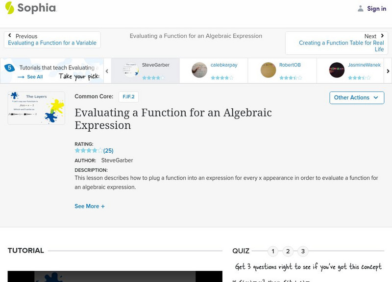 Sophia: Evaluating a Function for an Algebraic Expression: Lesson 8 Instructional Video