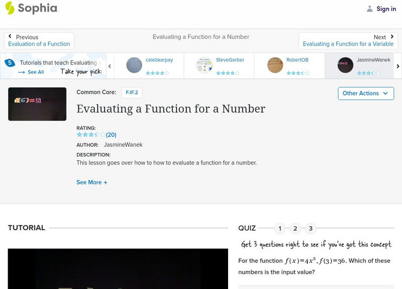Sophia: Evaluating a Function for a Number: Lesson 6 Instructional Video