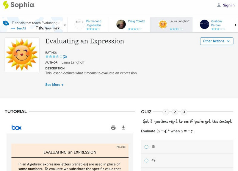 Sophia: Evaluating an Expression: Lesson 9 PPT Sophia: Evaluating an Expression: Lesson 9 PPT