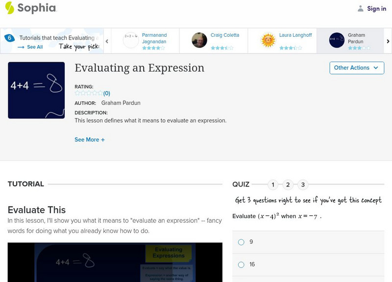 Sophia: Evaluating an Expression: Lesson 1 Unit Plan Sophia: Evaluating an Expression: Lesson 1 Unit Plan