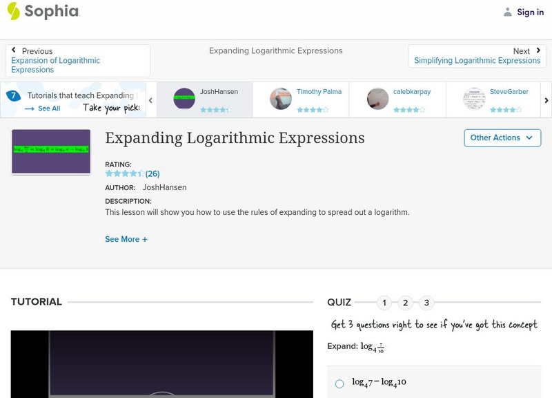 Sophia: Expanding Logarithmic Expressions: Lesson 3 Instructional Video