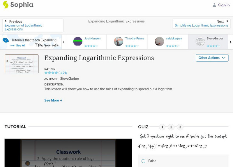 Sophia: Expanding Logarithmic Expressions: Lesson 9 Instructional Video