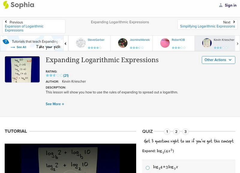 Sophia: Expanding Logarithmic Expressions: Lesson 1 Instructional Video