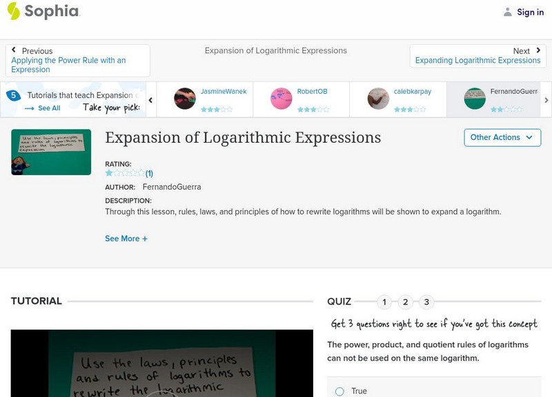 Sophia: Expansion of Logarithmic Expressions: Lesson 5 Instructional Video
