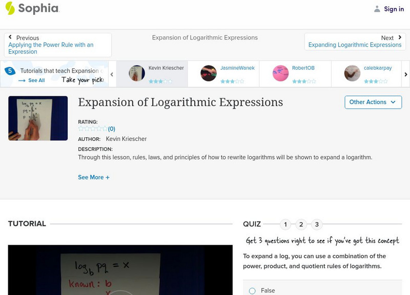Sophia: Expansion of Logarithmic Expressions: Lesson 1 Instructional Video