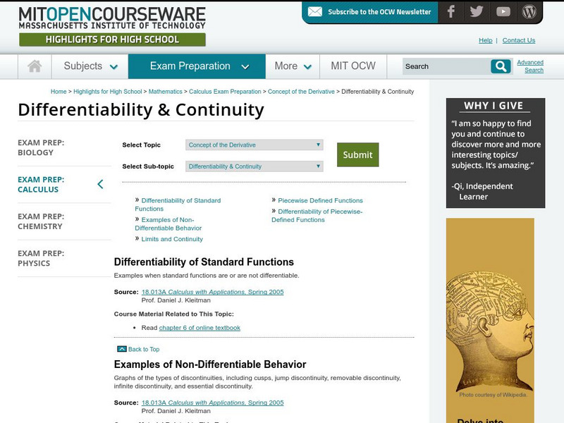 Mit: Open Course Ware: Differentiability and Continuity Unit Plan for ...