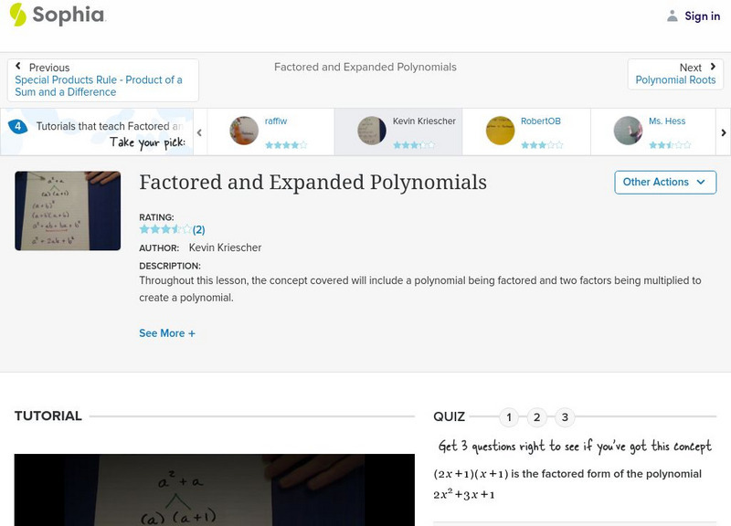 Sophia: Factored and Expanded Polynomials: Lesson 3 Instructional Video